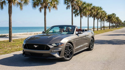 A convertible car rental driving down a sunny coastal road lined with palm trees in Florida