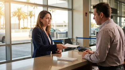 A line of cars at a car rental lot on a sunny day at LAX airport in Los Angeles