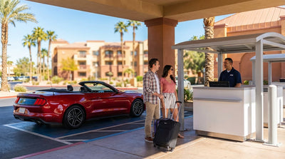 A red convertible car hire driving down the Las Vegas Strip at night with bright casino lights in the background