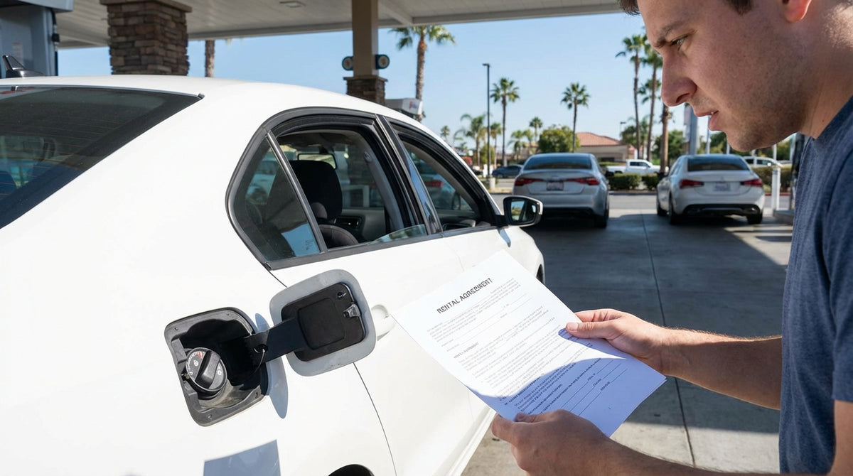A person at a California gas station looks at the fuel cap on their car hire with a confused expression