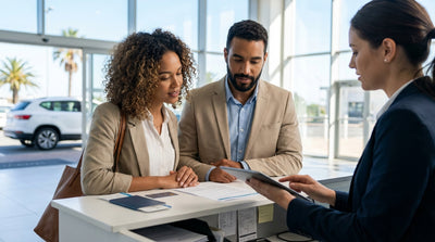 A modern car hire driving down a scenic open road in rural Texas on a sunny day