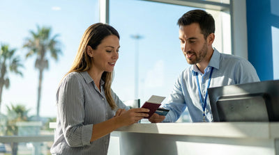 A person driving a convertible car hire down a sunny, palm-tree-lined street in Miami