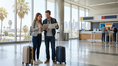 A red convertible car hire drives down a sunny, palm tree-lined boulevard in Los Angeles