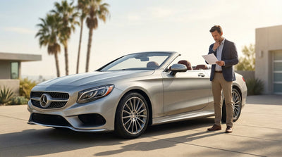 A car hire driving down a sun-drenched road lined with tall palm trees in Los Angeles