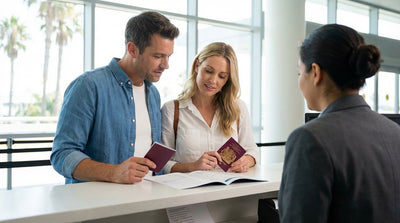 A red convertible car rental driving along the sunny, winding Pacific Coast Highway in California