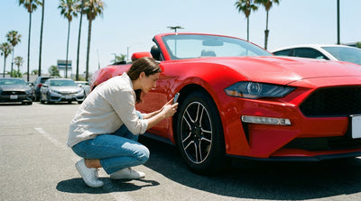 A traveler photographs a scuff on a car rental with their smartphone in a sunny Los Angeles lot