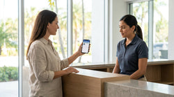 Person showing a digital driving licence on a phone screen at a Florida car hire counter