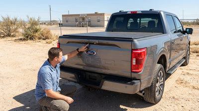 A person checking the tailgate of a pickup truck car hire on a sunny day in Texas