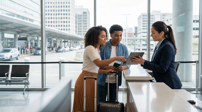 A young person behind the wheel of a car hire smiles while driving through the busy streets of New York