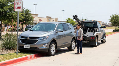 A car rental sedan parked beside a red curb marking a fire lane in Texas
