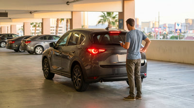 The glowing red brake lights of a car rental parked on a street in Las Vegas at night