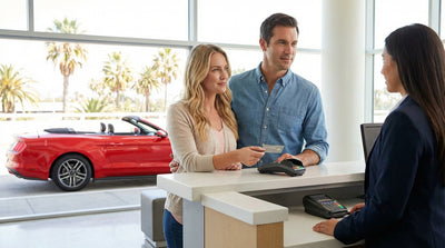 A modern sedan from a car hire service parked on a cliff overlooking a sunny California beach and the Pacific Ocean