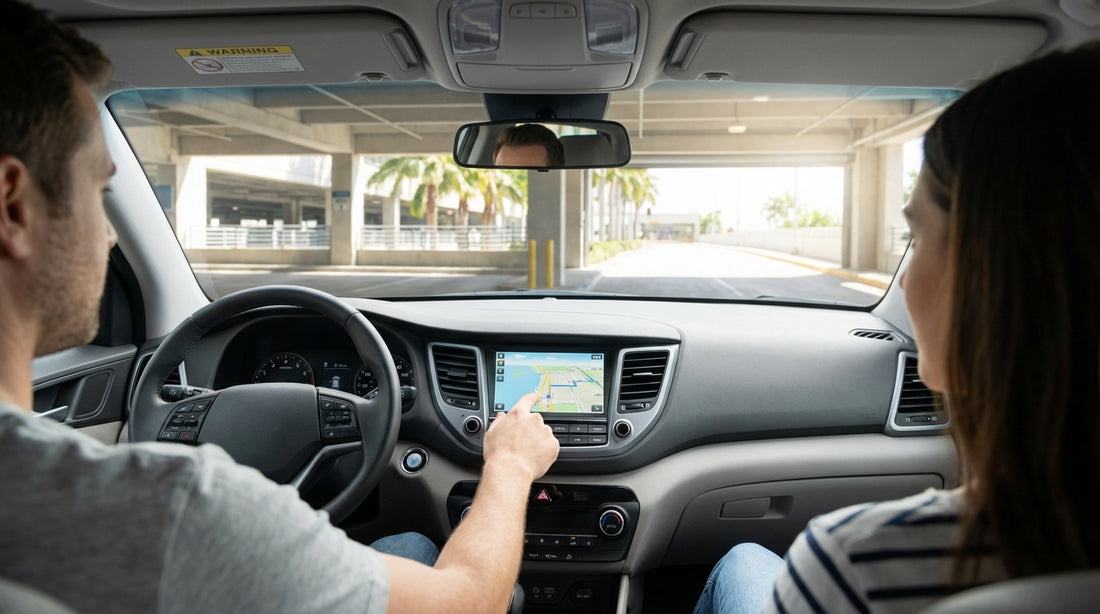 A driver tests the sat-nav screen in a modern car hire vehicle in sunny Miami