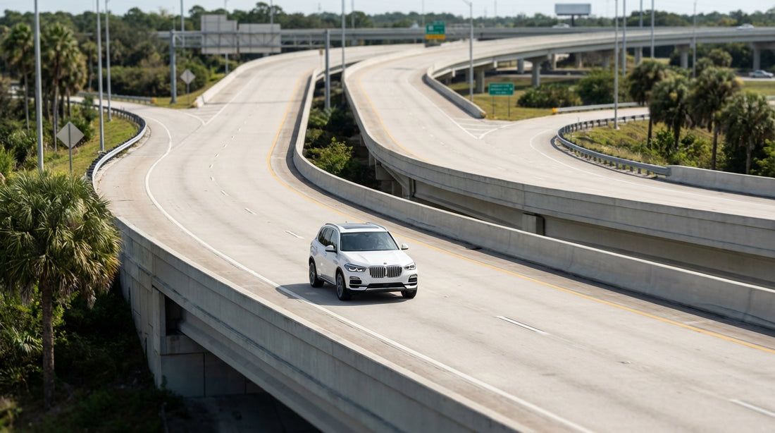 A car rental drives through the crisscrossing lanes of the I-4 diverging diamond interchange in Orlando