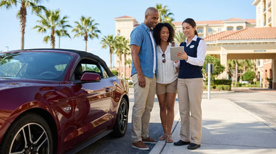 A traveler at a car hire desk in Orlando hands their credit card to an agent