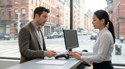A customer discusses their car hire booking with an agent at a rental counter in a New York airport
