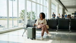 Travelers with luggage relaxing in a bright seating area near the car rental counters at Orlando Airport