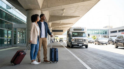 A car rental shuttle bus waits for passengers outside a modern airport terminal building in New York