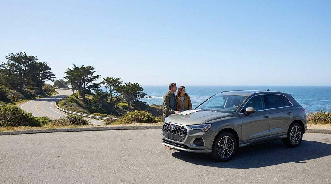 A red convertible car hire driving across the Golden Gate Bridge on a sunny day in San Francisco