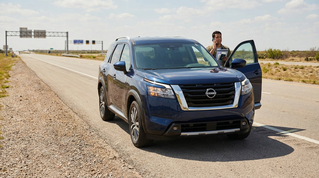A car hire vehicle with its hood up on the shoulder of a wide Texas toll road under a sunny sky