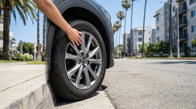 Close-up of a scuffed alloy wheel with kerb rash on a car rental parked on a sunny street in Los Angeles