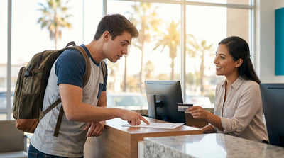 A young driver smiles holding the keys to their car rental with California palm trees behind them