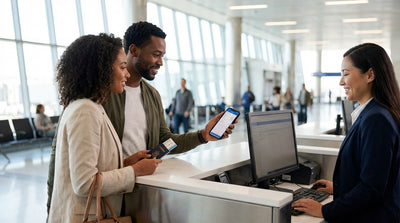 A traveler gets into their car rental in an airport parking garage with the New York City skyline in the background
