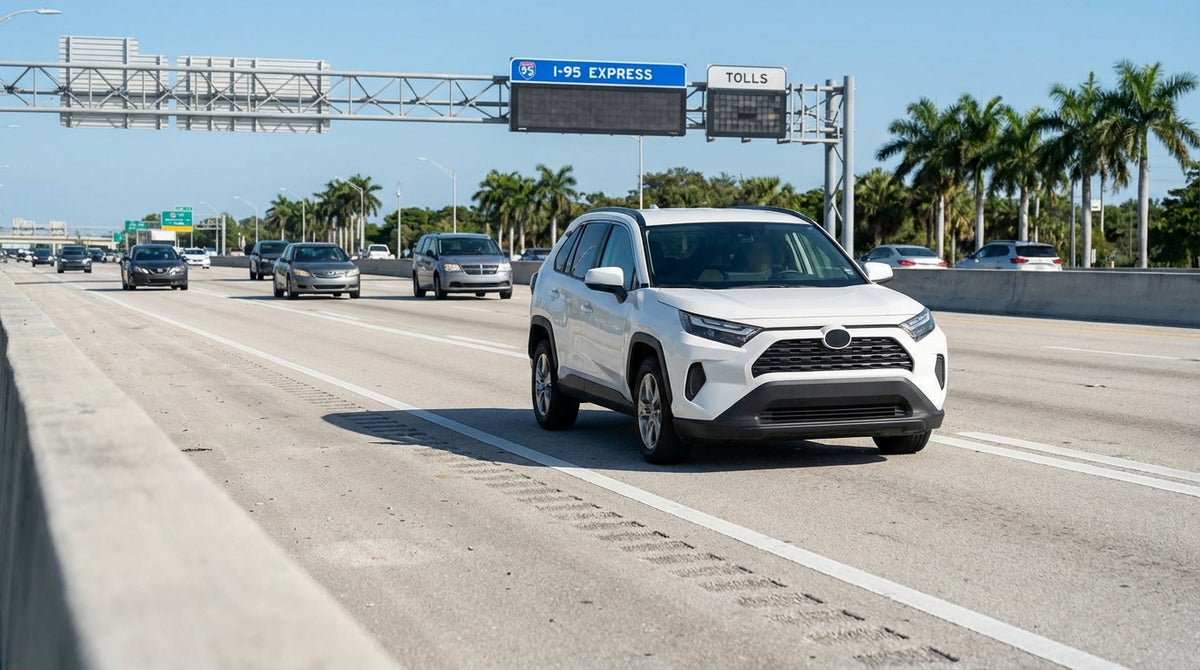 A modern car hire drives along the I-95 express lanes in Florida under a bright, sunny sky