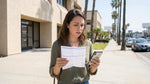 Traveler with luggage checking a voucher at an off-airport car rental pick-up spot in Los Angeles