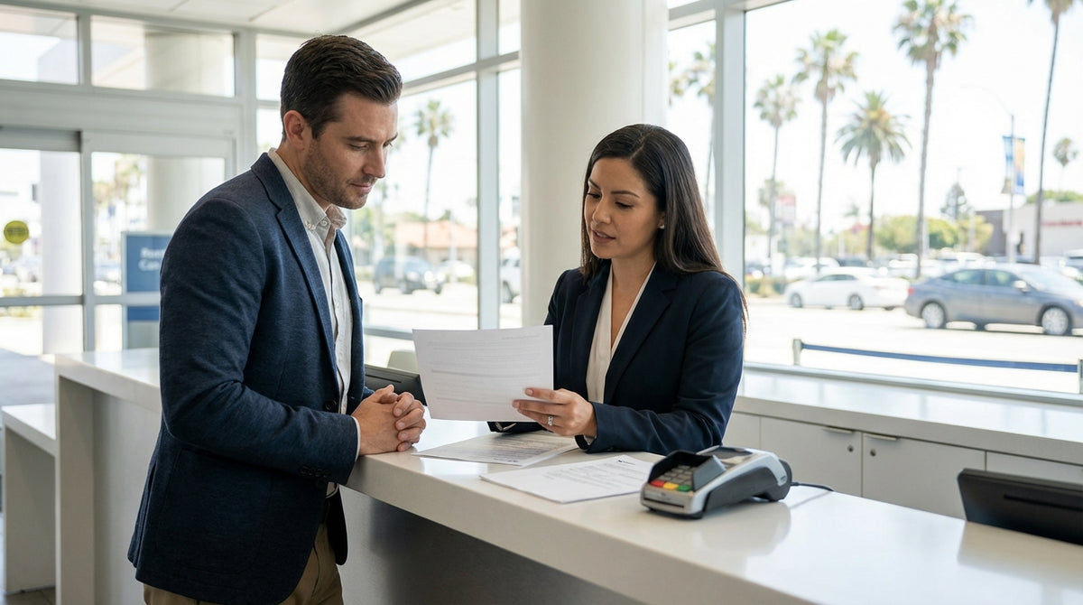 A convertible car rental driving down the scenic Pacific Coast Highway in California at sunset