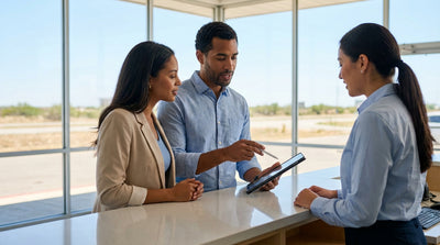 A lone car rental driving down an open road under a big blue sky in the Texas countryside