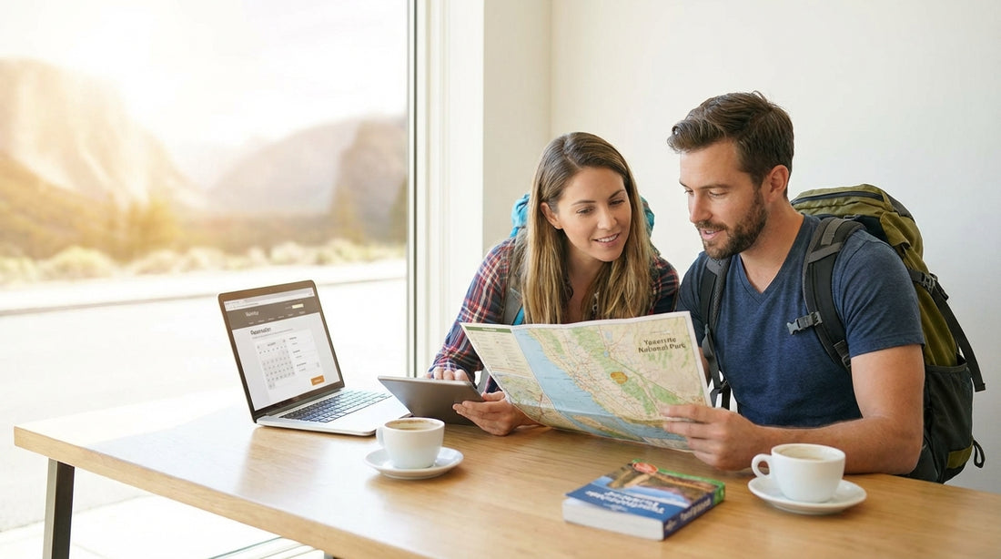 A car hire drives on a scenic road through Yosemite National Park, California with granite mountains in the background