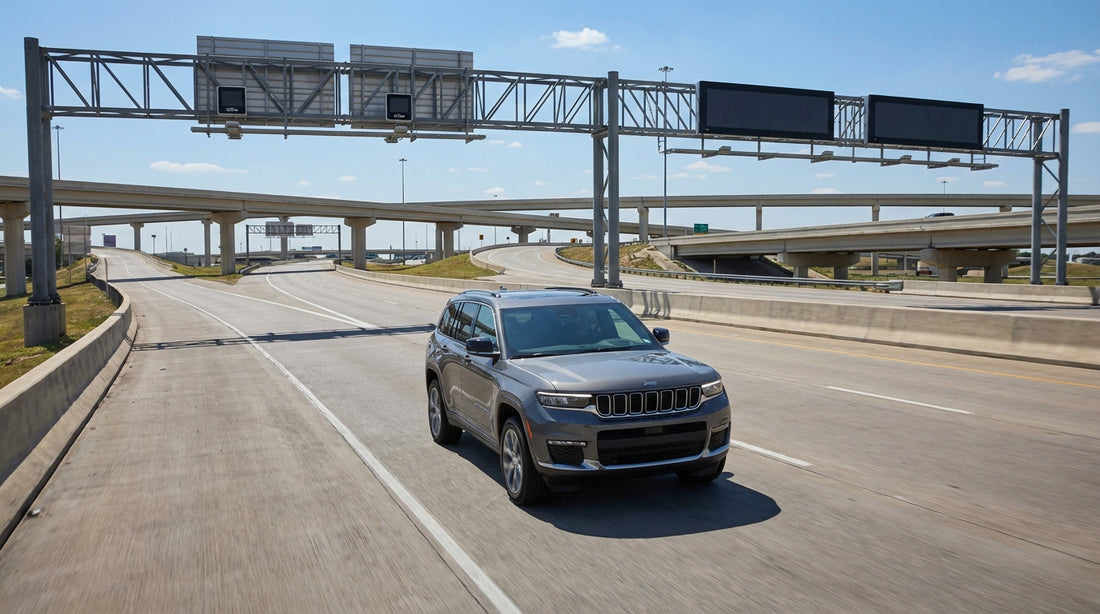 A car hire driving on a multi-lane Texas highway under a vast blue sky near Dallas