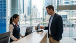 A person handing over a credit card for a car hire deposit at a rental desk in New York