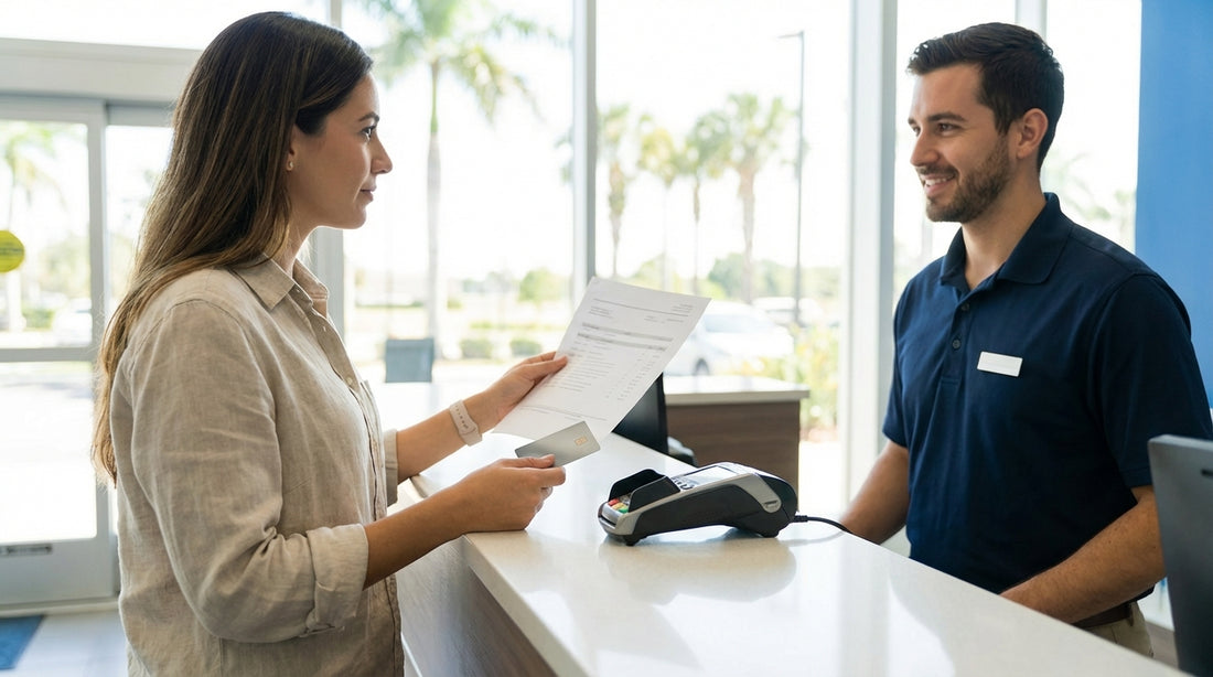 A white convertible car rental parked on a sunny Florida road lined with tall, green palm trees