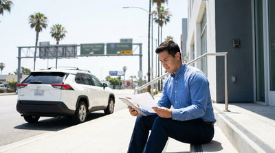 A red convertible car hire driving down a sunny, palm-tree-lined street in Los Angeles
