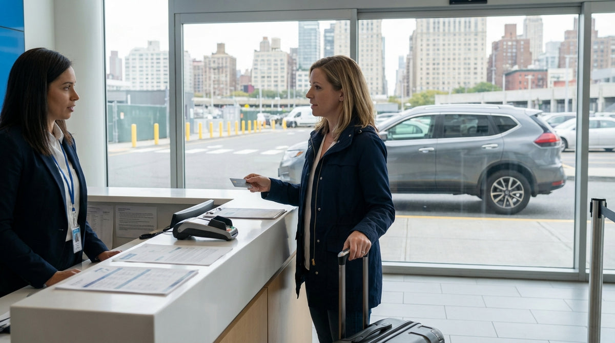 A person's view from their car hire driving towards the sunlit New York City skyline over a bridge