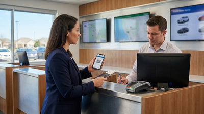 A modern car hire vehicle on a scenic road with rolling green hills in the Pennsylvania countryside