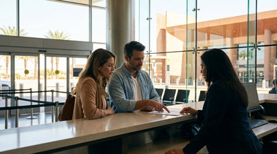 A person stands in a Las Vegas airport garage, choosing from a line of cars for their car hire booking