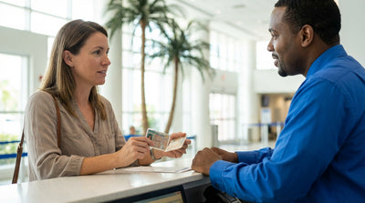 A modern car hire vehicle on a sunny coastal road lined with palm trees in Florida