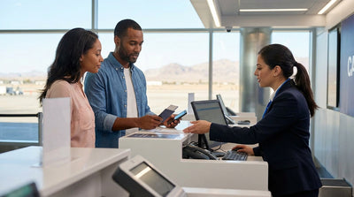 A traveler with luggage walks towards a row of cars at the Las Vegas Airport car rental center on a sunny day