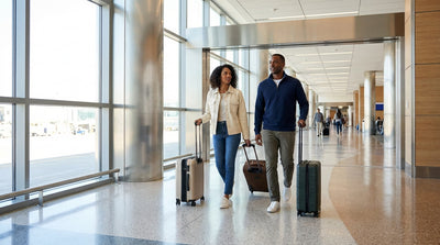 A traveler follows overhead signs for car hire in the Austin, Texas airport arrivals terminal