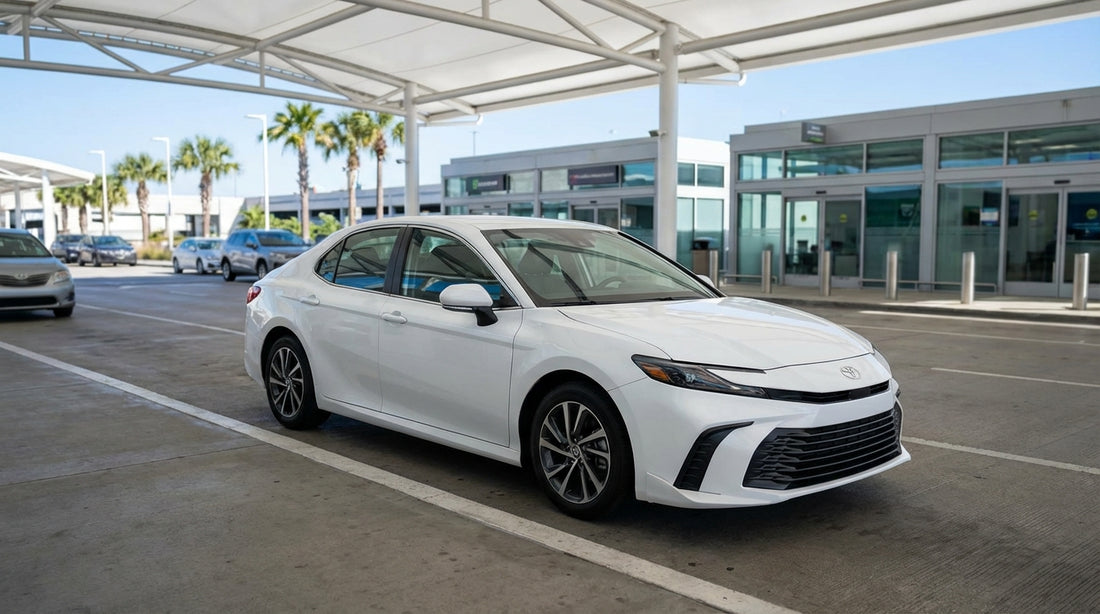 A white SUV car hire on a desert road in front of the famous red rock buttes of Monument Valley, Arizona