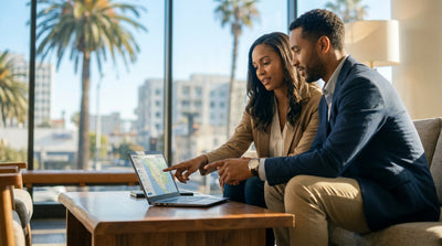A red convertible car hire driving on a sunny, palm-lined street in a bustling California city center