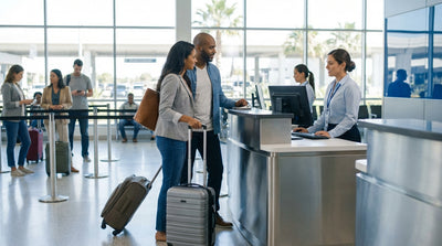 Travelers with luggage waiting for a car rental shuttle outside the terminals at LAX in Los Angeles
