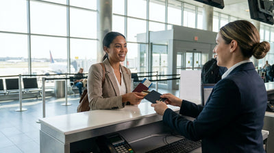 A traveler hands their passport to an agent at a car rental counter in a busy New York airport terminal