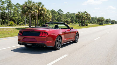 A silver car rental drives on a highway lined with palm trees under a sunny Florida sky