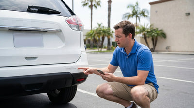 A close-up of graffiti spray paint on the door of a white car hire parked on a street in Los Angeles