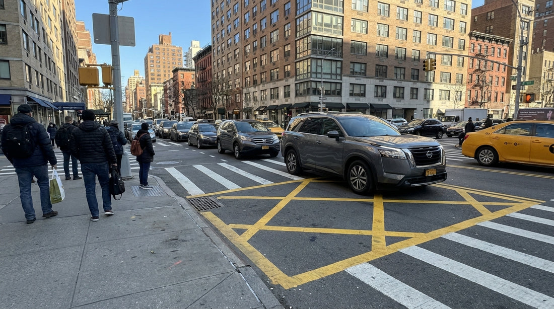 A car hire in heavy gridlock on a New York City street with yellow cabs and tall skyscrapers