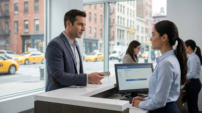 A person at a car hire counter in New York City holding a credit card and speaking to an agent